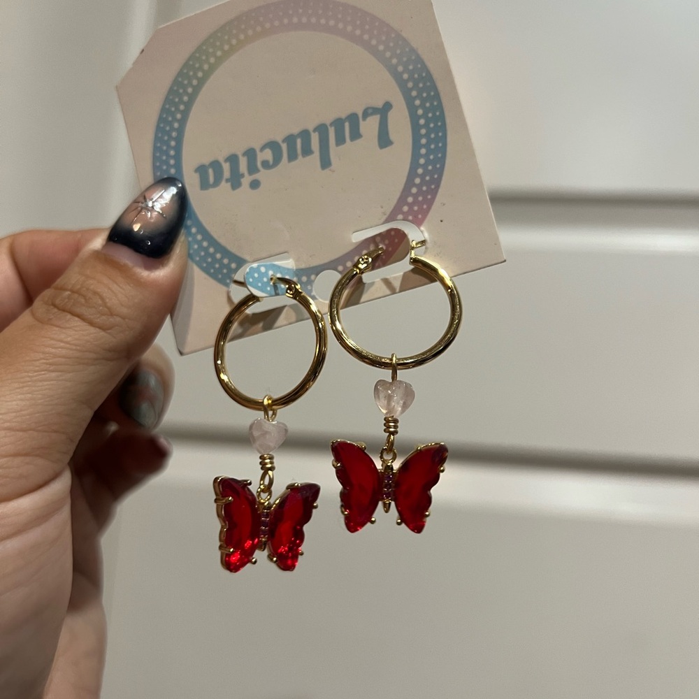 Gold and Red Butterfly Earrings